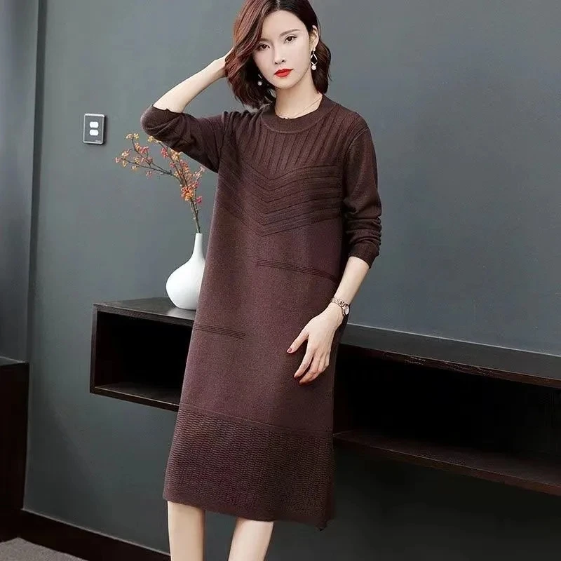 L-4XL Large Size Women's Long Knitted Sweater Dress Spring Autumn New O-Neck Loose Pullover Sweater Female Knit Dress Vestidos