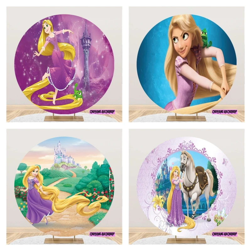 Telón de fondo redondo de Disney para decoración de fiesta de cumpleaños de niñas, princesa enredada, Rapunzel, Castillo Real, cartel de fotografía circular