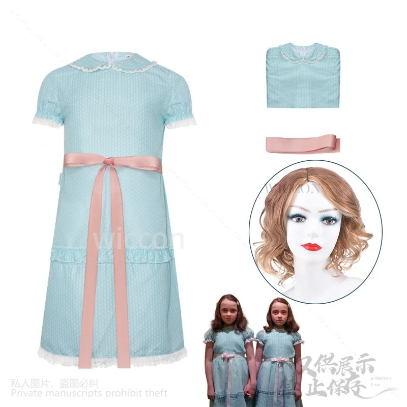 Anime Film die glänzenden Cosplay Horror Zwillinge Kleid blau Halloween Puff ärmel Lolita Outfits Kleid Röcke für Mädchen Frau Perücken