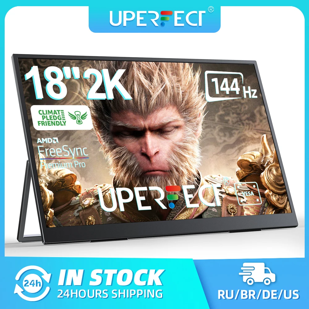 

UPERFECT 18" большой портативный монитор 2K 144 Гц игровой дисплей с подставкой USB-C HDMI 100% DCI-P3 FreeSync дорожный монитор для игровой консоли PS5 Switch ПК телефон