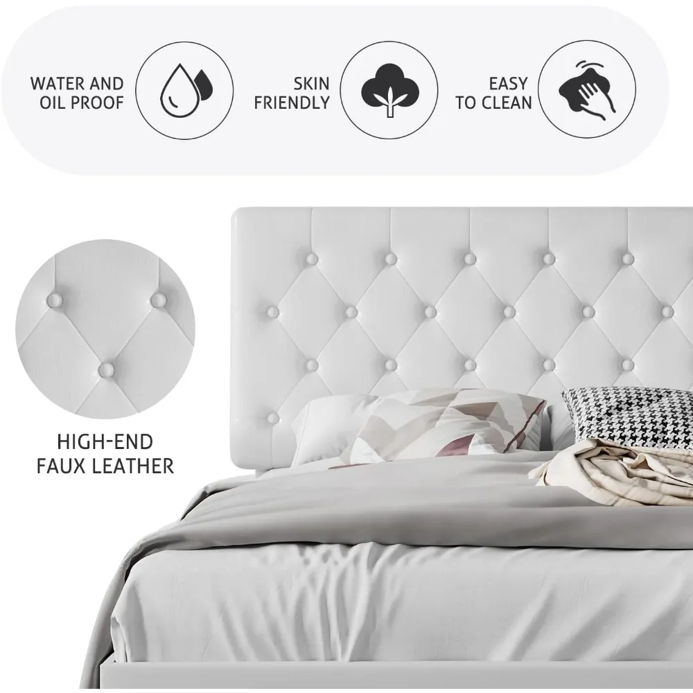 هيكل سرير بحجم كوين من SHA CERLIN مع لوح رأسي معنقدة بزر، كريم أساس مرتبة منجد من الجلد الصناعي، إطار سرير بمنصة،