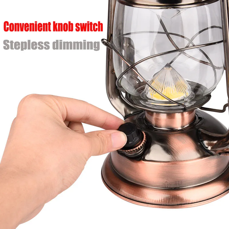 Vintage Camping Lantern Light Battery Rechargeable USB LED Outdoor Portable Lantern Stepless Dimming Tent Fishing Kerosene Lamp