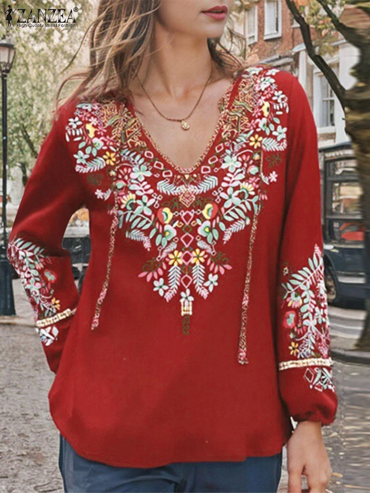 2025 ZANZEA Spring Floral Print Blouse Bohemian Holiday Shirts Women Casual Long Sleeve Blusas Elegant V Neck Lace-Up Tops Tunic