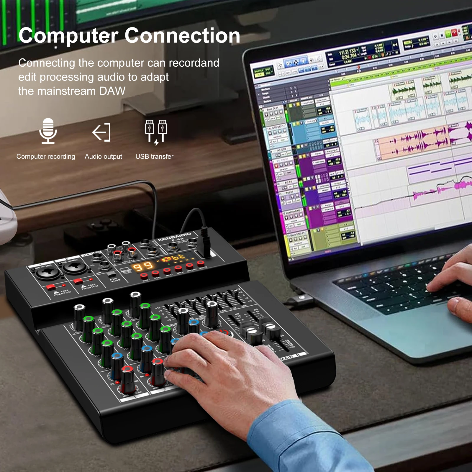 KENBAIDIO 4 Channel Audio Mixer 99 DSP, 7-Band EQ, 48V Phantom Power, USB Bluetooth MP3 Input DJ Controller Mixing for Karaoke - view 6