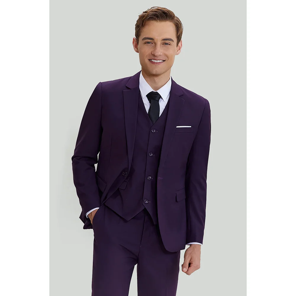 Formal Notch Lapel Solid Men Suits Purple Fashion Business Causal Office Male Suit Slim Fit Wedding Groom Tuxedo 3 Piece Set