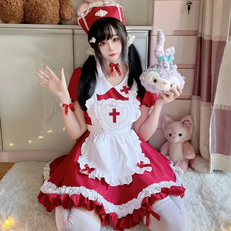 

Original Japanese Soft Sister Lolita Wine Red Cross Maid Outfit Cos Clothing Maid Skirt Women Dresses Cosplay Girls Cute Clothes