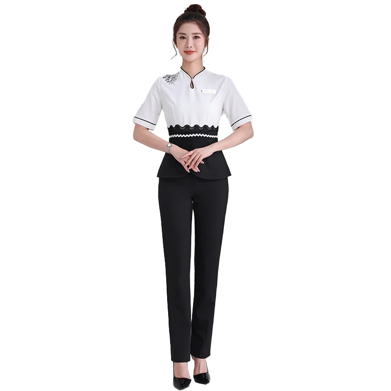 

Chinese Esthetic Uniform Summer Short Sleeve Beauty Salon Beautician Clothing Women's Suit Spa Hotel Sauna Foot Massage Workwear