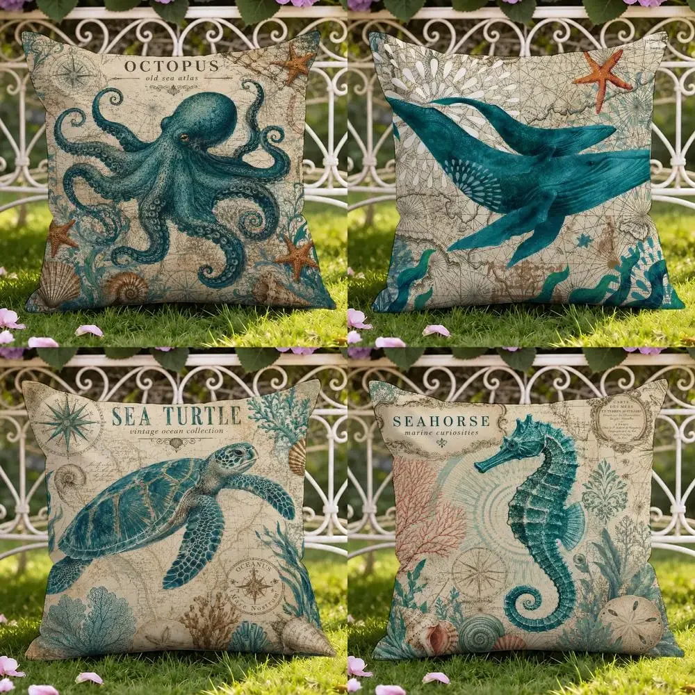 Sea Turtle And Whale Print Cushion Cover Short Plush Double-sided Print Square Throw Pillow Covers Sofa Home Cushion Decor