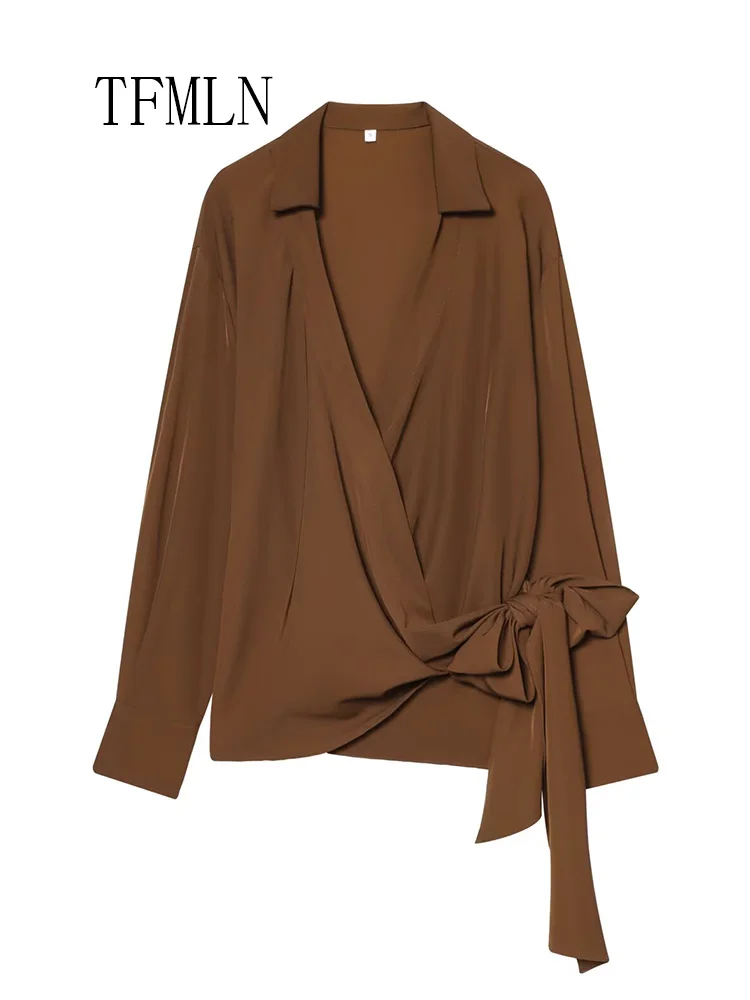 Women's Solid Causal Blouses 2026 Spring Summer New Brown Color Long Sleeve Lace Up Decorated V-Neck Shirt Sexy Fashion Tops