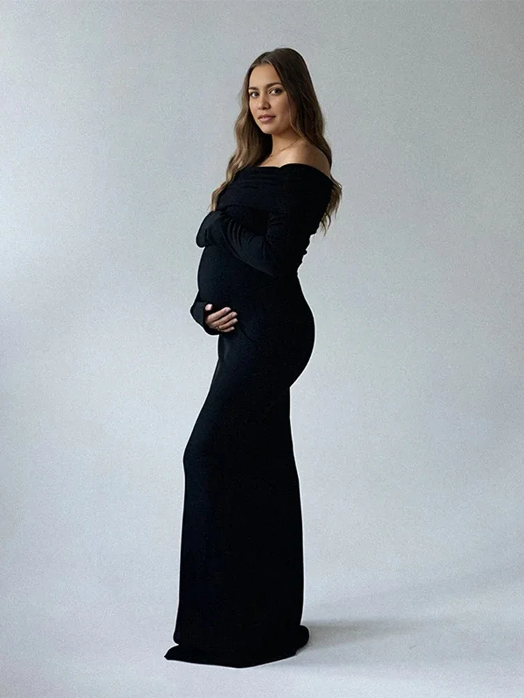 off-shoulder-ruched-sheer-knit-maternity-maxi-dress-long-sleeve-slim-gown-pregnancy-outfit-baby-shower-gender-reveal-photoshoot
