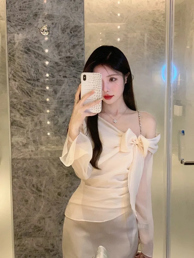 

Ele oulder Bared Chiffon Top Women's Design High End Feeling Knot Slant oulder Long Sve Early Spring Season