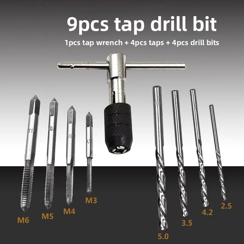 9-piece set of tap wrench, high-speed steel combination wire tap, drill bit, tap wrench set M3-M6