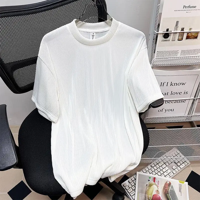 2024 New Summer Fashion Niche Simple Loose Casual Oversized Round Neck Pit Stripe Solid Color Versatile Men\'s Trend T-shirt