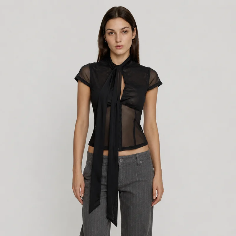 Y2K Women's Mesh Top Sheer Short Sleeve Shirt Slim Fit Crop Tee High Neck Cut Out Button Front Sexy Streetwear