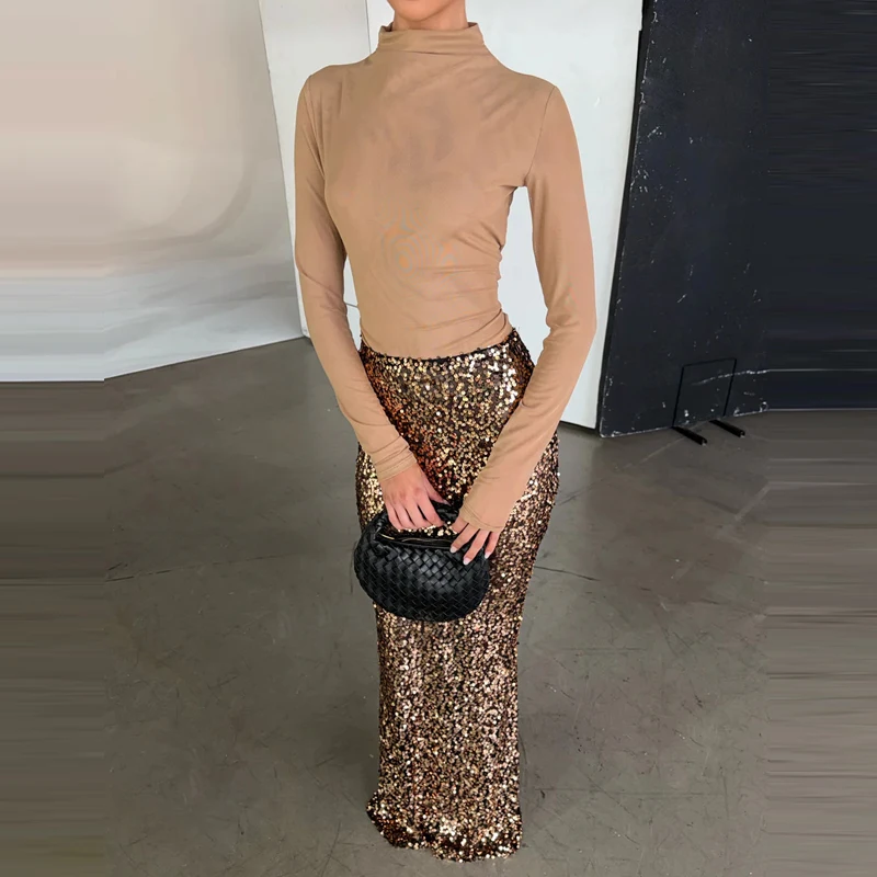 

Elegant Turtleneck Pullover & Long Skirt Suits Women Fashion Shiny Sequins Party Skirt Outfits Casual Long Sleeve Slim 2Pc Sets
