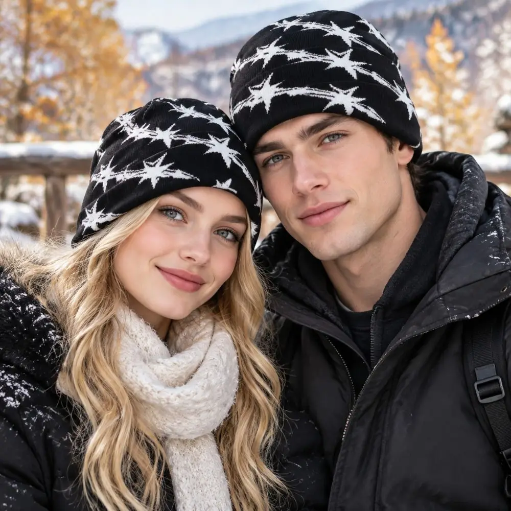 Hip-hop Warm Double Layer Knit Beanie Star Pattern Thickened Winter Skull Cap Stretchy Soft Knitted Hat Outdoor