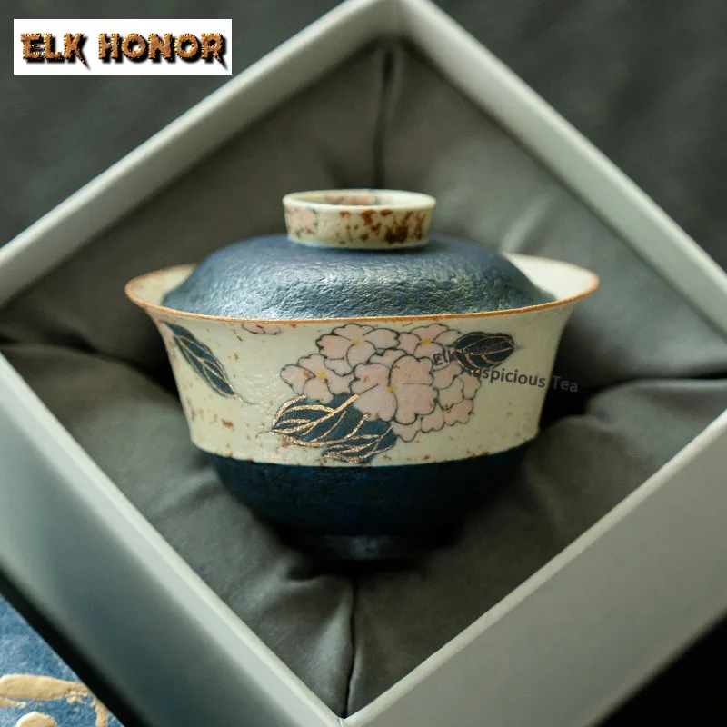 

90ml Hand-painted Hydrangea Gold Drawing Gaiwan Creative Tea Tureen Tea Bowl With Lid Kit Tea Making Cover Bowl Cha Craft Gift