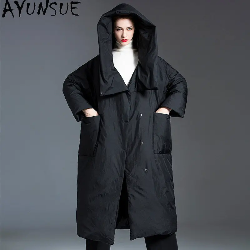 

AYUNSUE Elegant Long Down Coat Winter Warm Puffer Jacket Women Clothing Hooded Down Jackets for Women Loose Veste Femme SGG1027