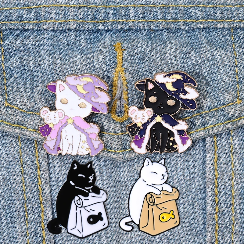 

Cartoon Cute Magic Wizard Black White Cat Magic Hat Moon Star Badge Enamel Brooch Backpack Lapel Clothes Pin Couple Gift Jewelry