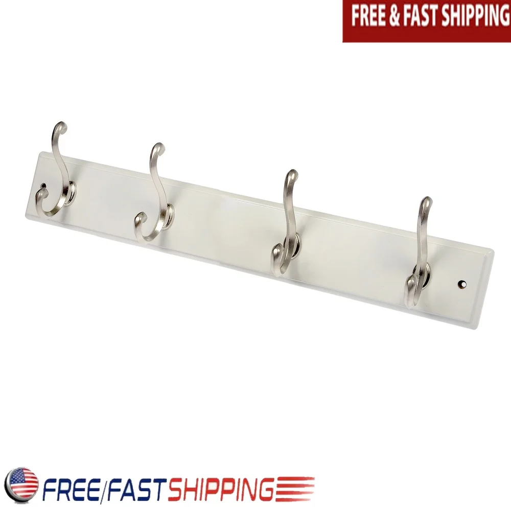

18 Inch Hook Board with 4 Heavy Duty Satin Nickel Double Hooks Jackets Scarves Umbrellas Backpacks Perfect Entryway Laundry Room