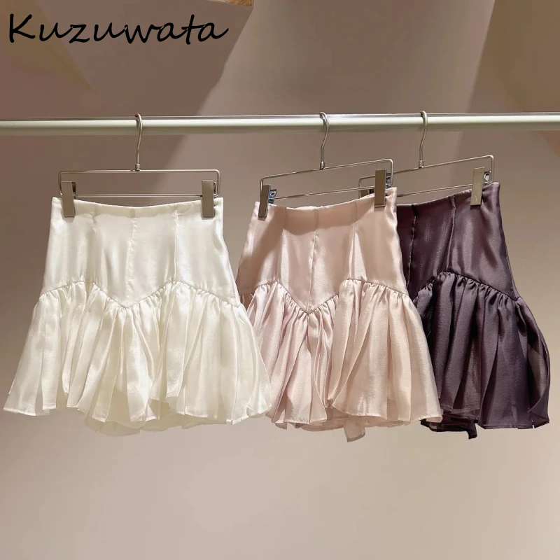 Kuzuwata Spring New High Waist A-line Solid Skirt Elegant Patchwork Pleated Fungus Short Japan All-match Moda Temperament Shorts