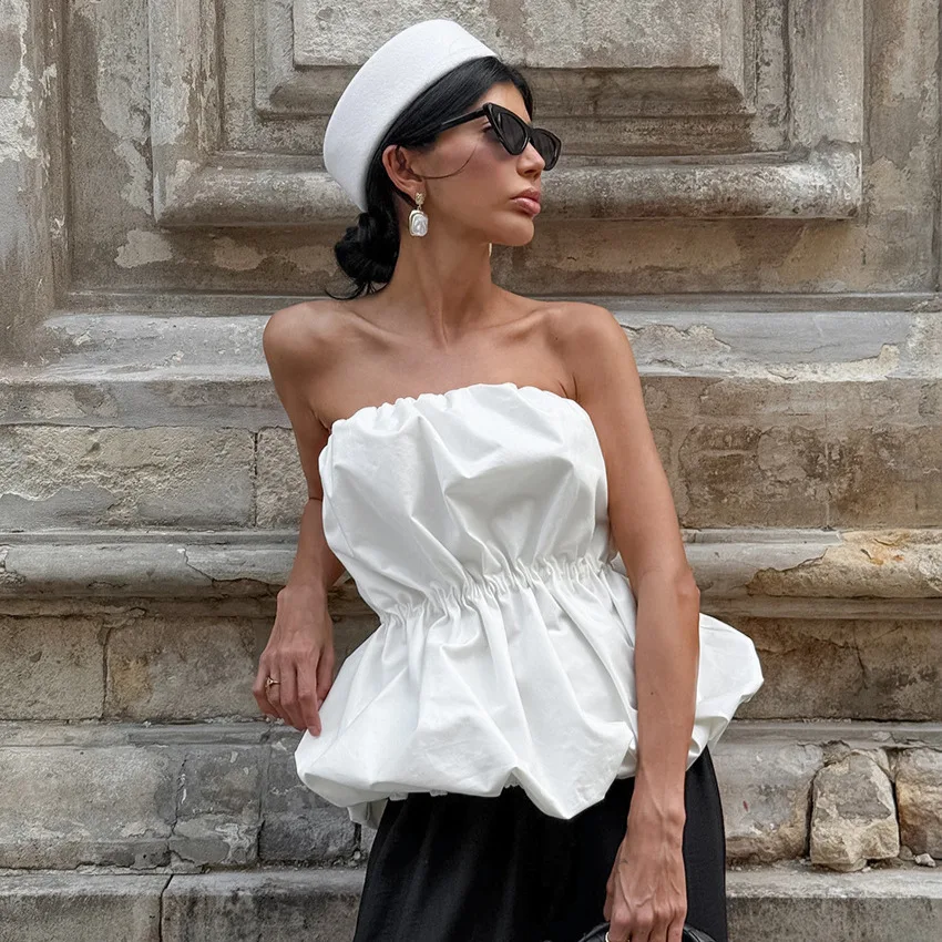 

Elegant Pleated Off The Shoulder Strapless Tank Top Street Chic Backless Vest Female Spring Summer Casual Sleeveless Tops Lady