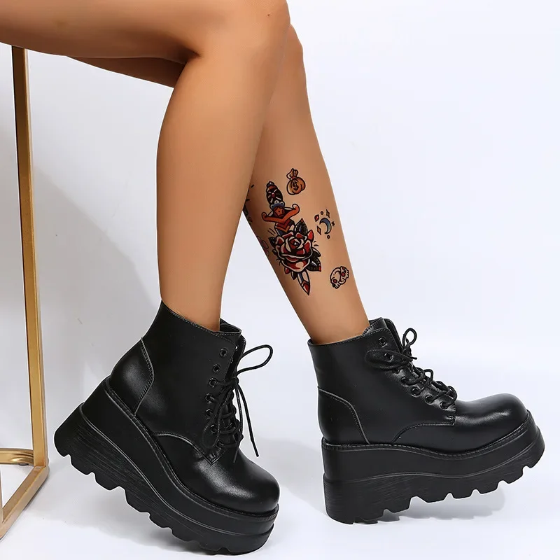 Women Boots High TopThick Sole Winter Slope Heel Lace Up Ankle Boots Women Shoes Bright Black Light Bling Black Chaussure Femme