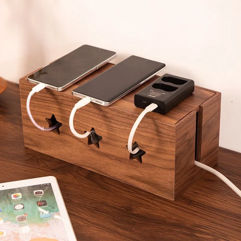 Solid wood power strip storage box, desktop socket, power cord sorting box, set-top box, router storage rack