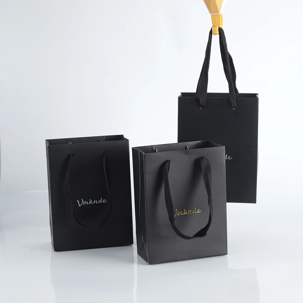 Imagem -04 - Black Gift Paper Tote Bags Logotipo Personalizado 12x6x16cm Aniversário Wedding Party Favor Bags com Alças Compras Mercadoria Bolsas 50 Pcs