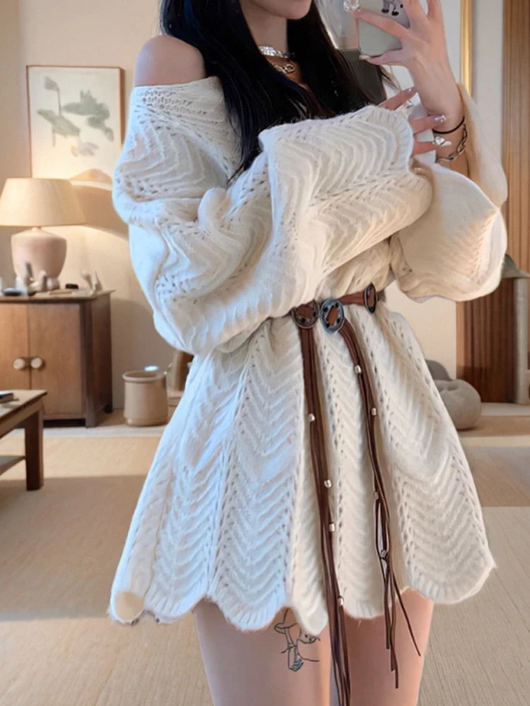 Ladies' Lazy Sle Knitted Sweater 2024 New Irregular Lace Hollow out Gentle Sweet oulder Exposure Top