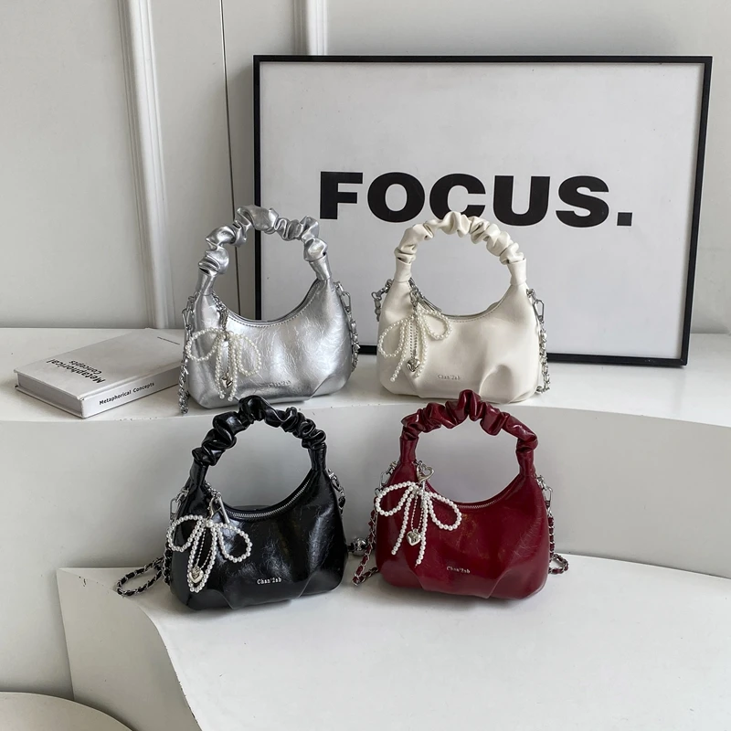 2024 Y2K New Underarm Bags for Women Pleated Handle Design Ladies Pearl Bow Handbag Adjustable Strap Shoulder Crossbody Bag