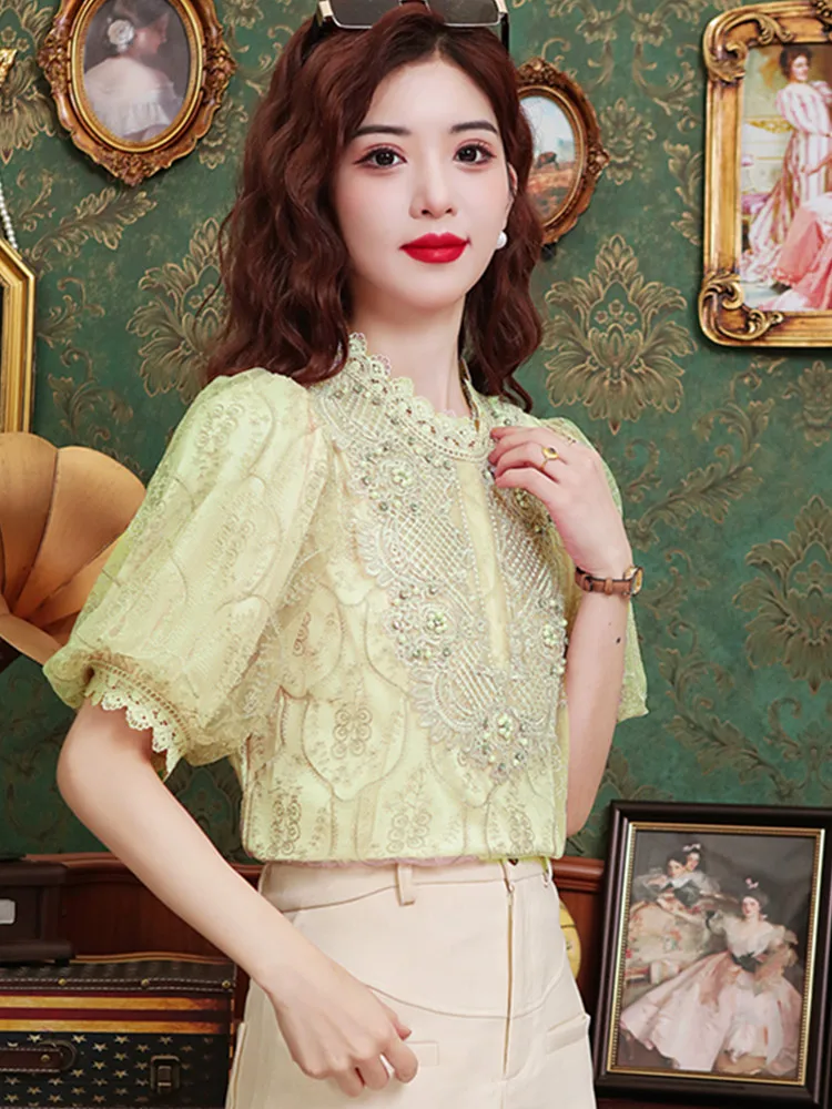 SMTHMA New Fashion Temperament Lace Spliced Beaded Shirt For Women Short Sleeve Elegant Tops Female Clothing