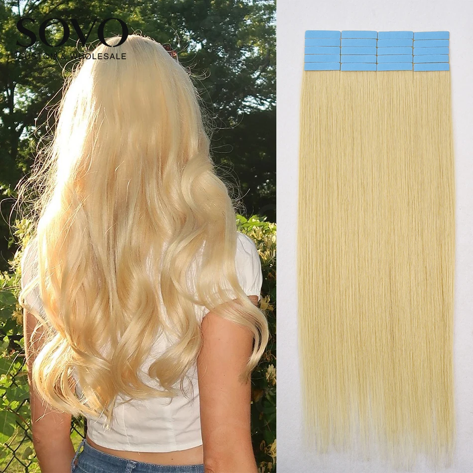 SOVO Tape In Extensions Remy Human Hair 12-26 Inch Seamless Skin Weft Natural Blonde Brazilian Add Volume 20/40Pcs