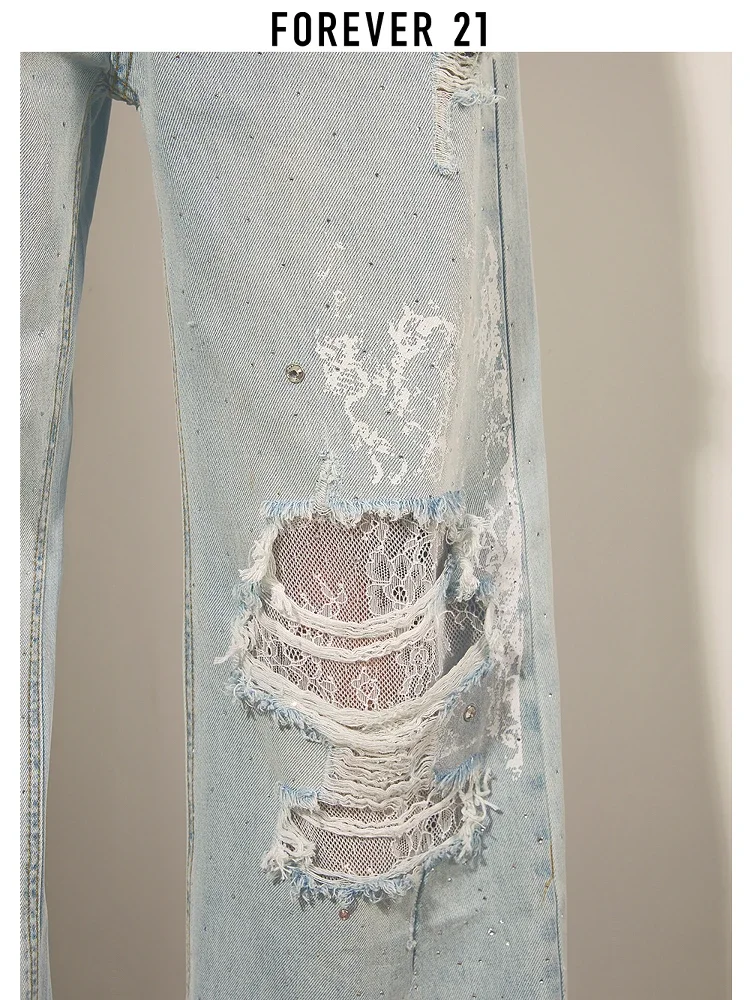 Y2K Streetwear Ripped Lace Rhinestone Jeans High Waist Wide Leg Straight Pants Women Summer Loose Vintage Bleach Denim Trousers