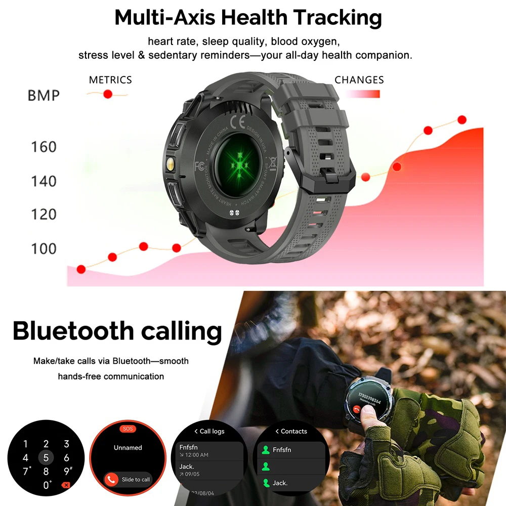 Compass Waterproof Smart Watches Amoled GPS Positioning Flashlight BT Call Health Monitor Outdoor Sports Fitness Smartwatch Man