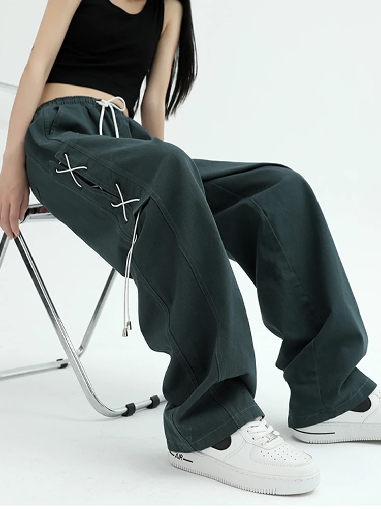 

Women Side Tie Rope Sweat Pant Vintage Workout Overalls Mid Waist Drawstring Loose Cargo Pants Streetwear Cargo Pants Casual