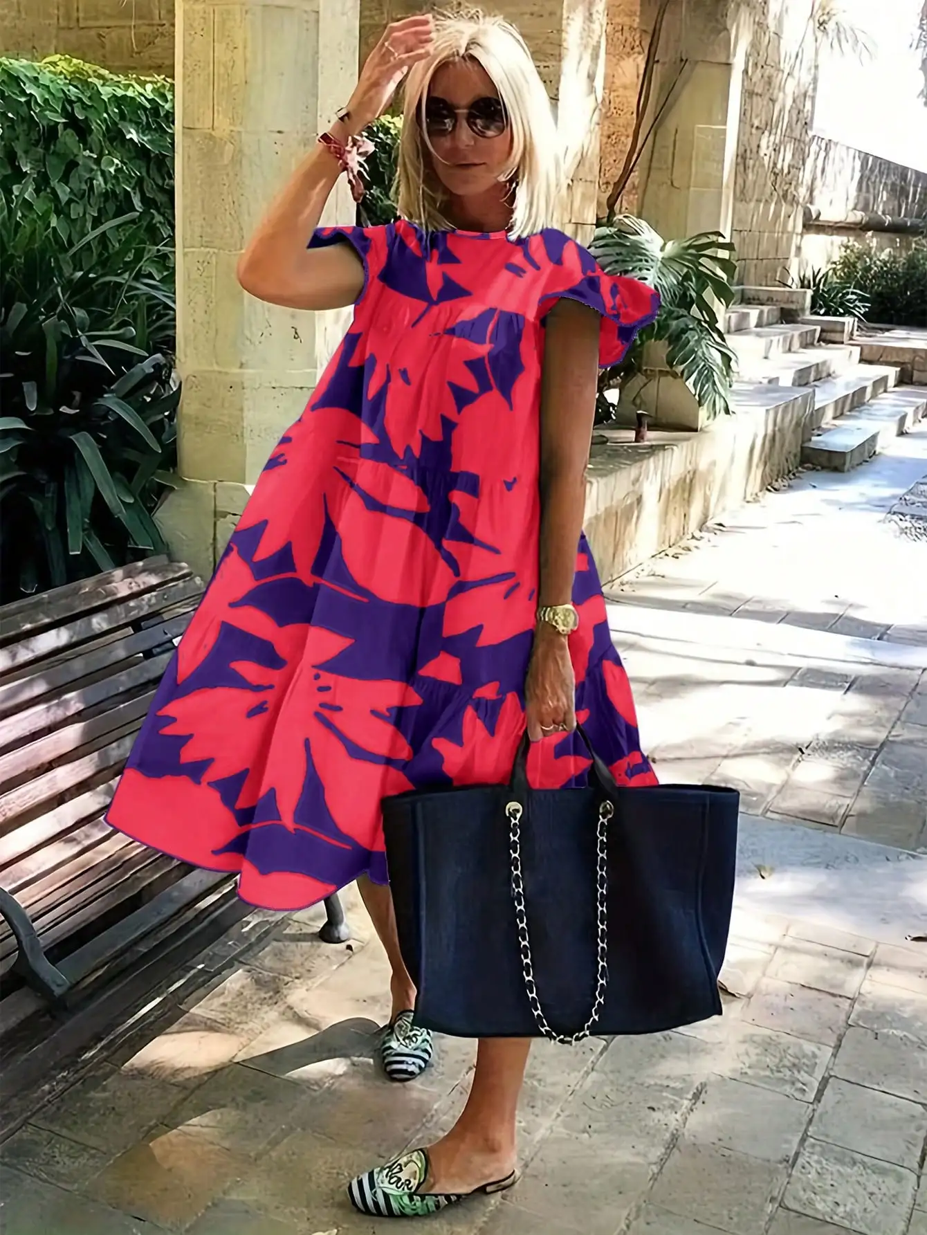 Women Summer Dress Tropical Leaf Print Loose Tiered Ruffle Sleeve Round Neck Beach Vacation Midi Dresses Flowy Sundress Ladies