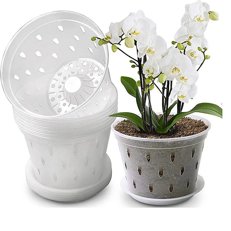 Household Flowerpot With Tray Garden Planter Drainage Pots With Holes Transparent Orchid Baskets Plastic Breathable Flower Pots