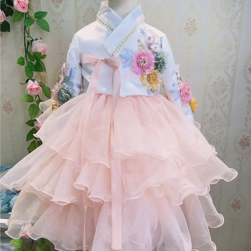 

2025 Children's 3D Flower Long Sleeve Hanbok New Year's New Arrival Photography Clothing Creative Cute Girl Korean Hanbok LF947