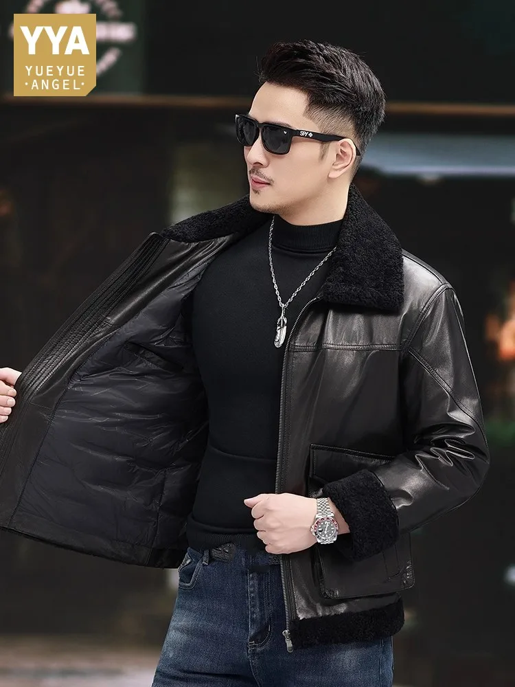 

Высокое качество из натуральной козьей кожи, мужской пуховик с шерстяным воротником, короткая верхняя одежда на молнии, шикарные осенне-зимние роскошные куртки из натуральной кожи