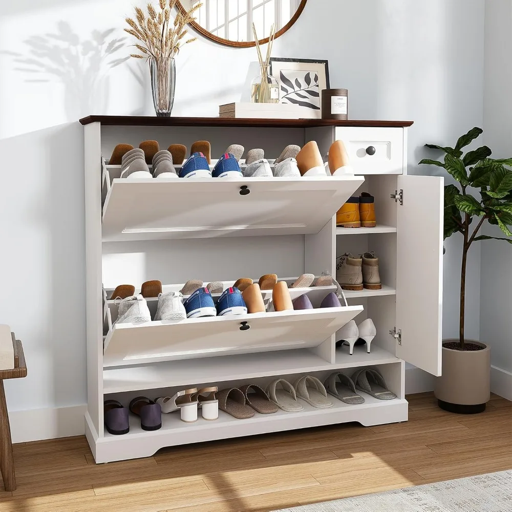 

Shoe cabinet with 2 flip drawers and side cabinets, independent hidden shoe storage with adjustable shelves