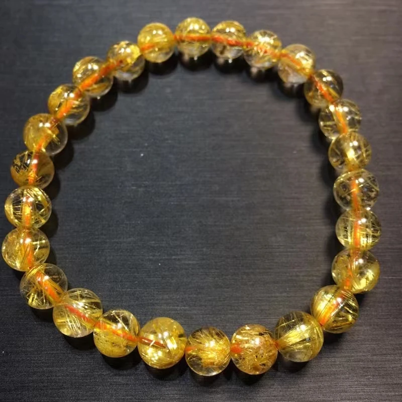 Natural Gold Rutilated Quartz Clear Round Beads Bracelet 7mm Rutilated Brazil Women Men Fashion Wealthy Stone AAAAAAA