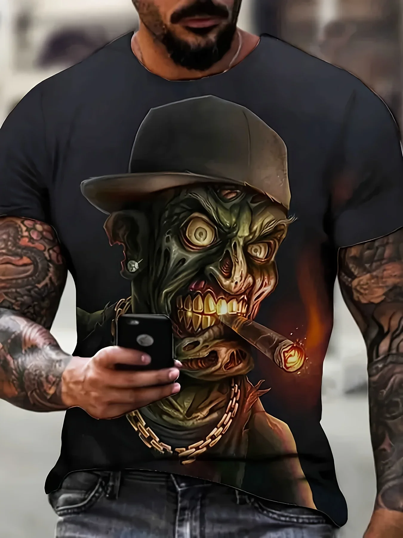 Plus Size Men's Casual 3D Printing Tees For Summer Smoking Monster Graphic Crew Neck Oversized T-shirts Trendy Chic Outfit Men