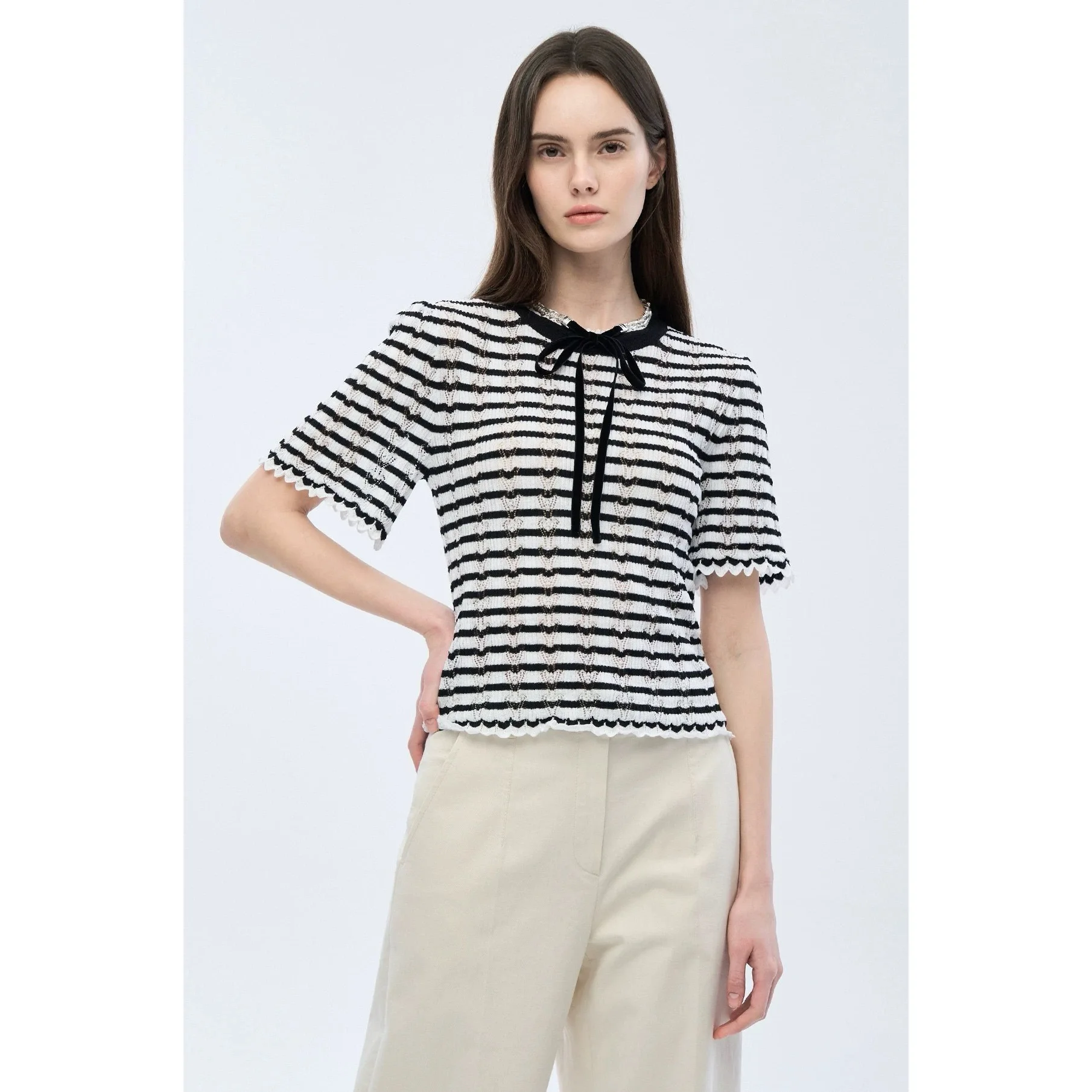 Elegant Striped Knit Top Short Sleeve Slim Fit