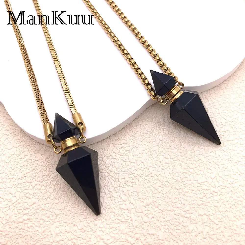 

mankuu fashion jewelry stainless steel pendant natural obsidian stone oil healing wishing perfume bottle necklace for women gift