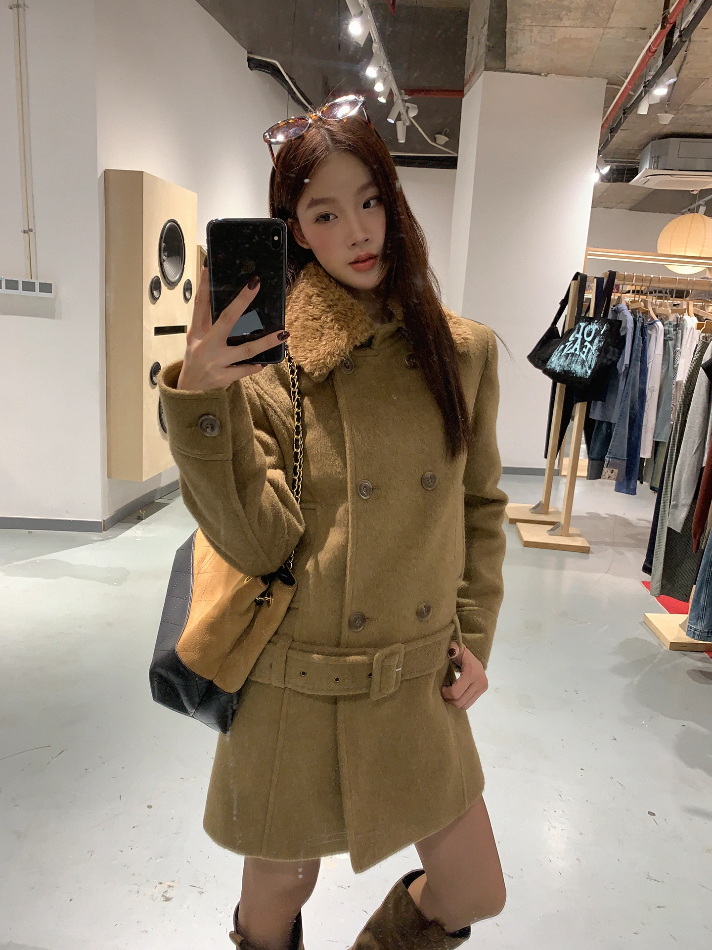 

Red Celebri Woolen Jaet Women's Mid-Length Cotton Coat with Fur Collar Winter Warm Sli Commute Faion Ladies' Outerwear