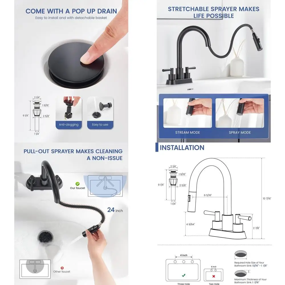 

Dual Handle Matte Black Bathroom Sink Faucet with Pull-Out Spray, 360° Swivel Spout, 4-Inch Center, Includes Pop-Up Drain