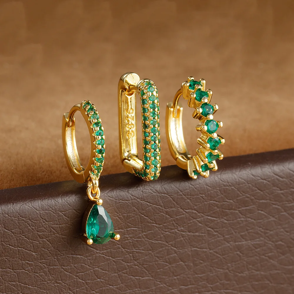 3PCS Exquisite Geometry U-shaped Earrings Set for Women Vintage Gold Color Elegant Zircon Hoop Earrings Winter Jewelry Gifts