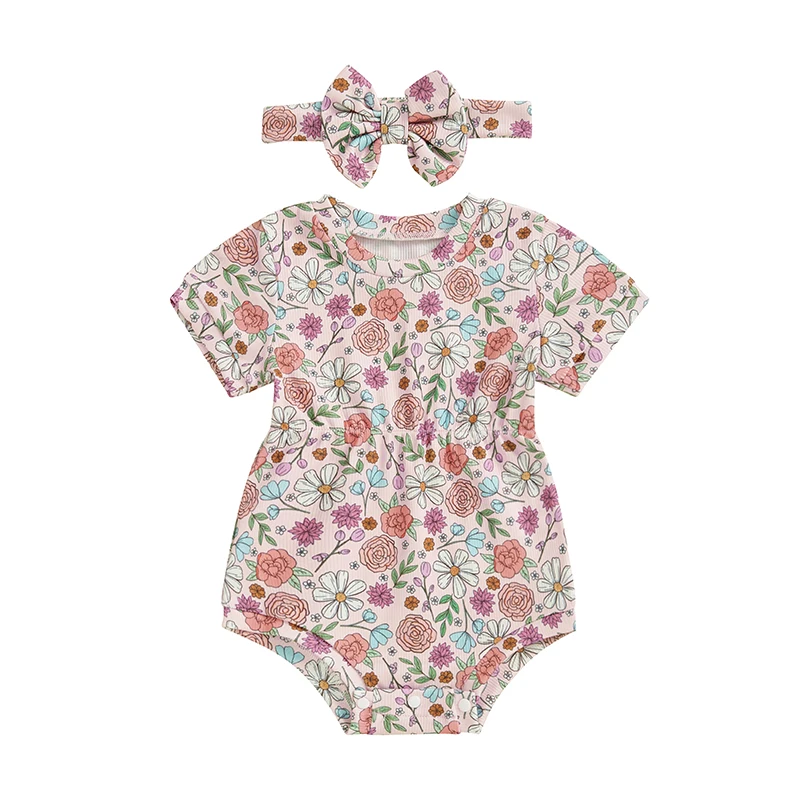 Baby Girl Ribbed Romper Floral Bow Strawberry Short Sleeve Bodysuit with Bow Headband Cute Summer Clothes