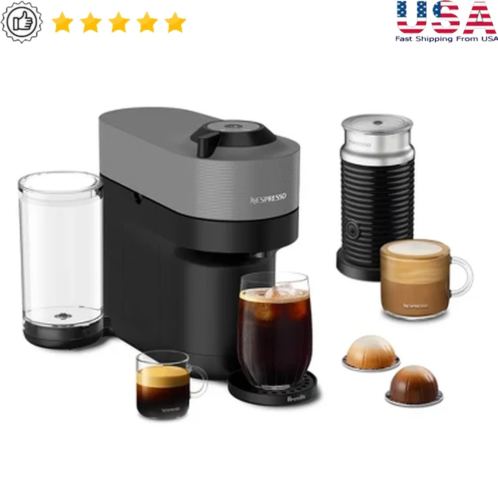 Vertuo Pop Coffee Espresso Maker with Milk Frother Compact Design 5 Cup Sizes One Touch System Recycled Plastic Water Tank